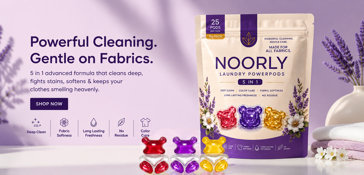 Noorly PowerPods 5-in-1 laundry pods. Powerful cleaning, gentle on fabrics.